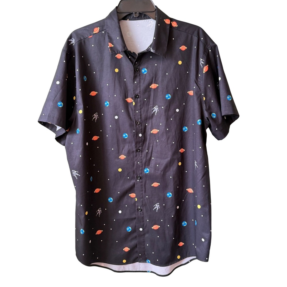 Mens Black Space Print Short Sleeve Button Down Shirt Planets‎ Astronauts XL